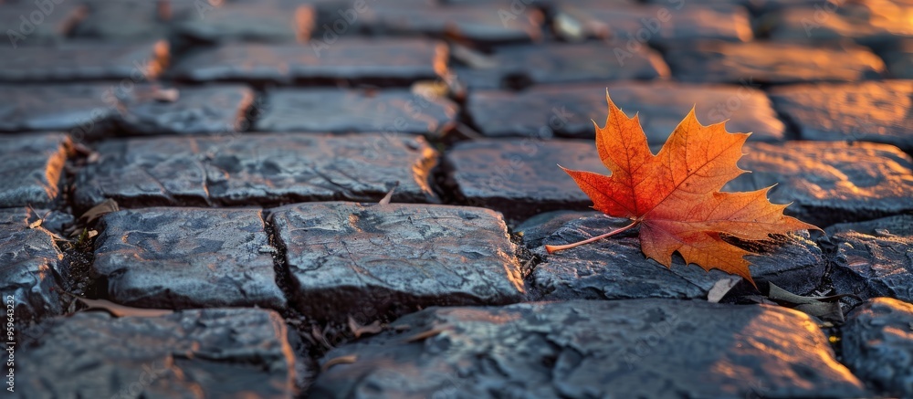 Poster autumn leaf set against an old cobblestone road background. copy space image. place for adding text 