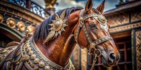 Fototapeta premium A photo image of a majestic brown horse with a gleaming bridle adorned with intricate engravings and ornate metalwork.