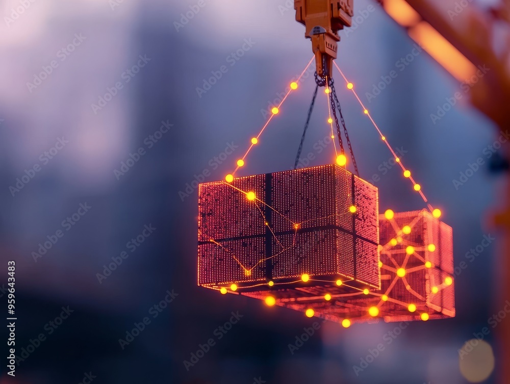 Poster digital construction connecting the future - networked building blocks suspended by a crane