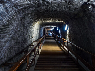 Stairs inside access tunnel in Praid salt mine stalactites