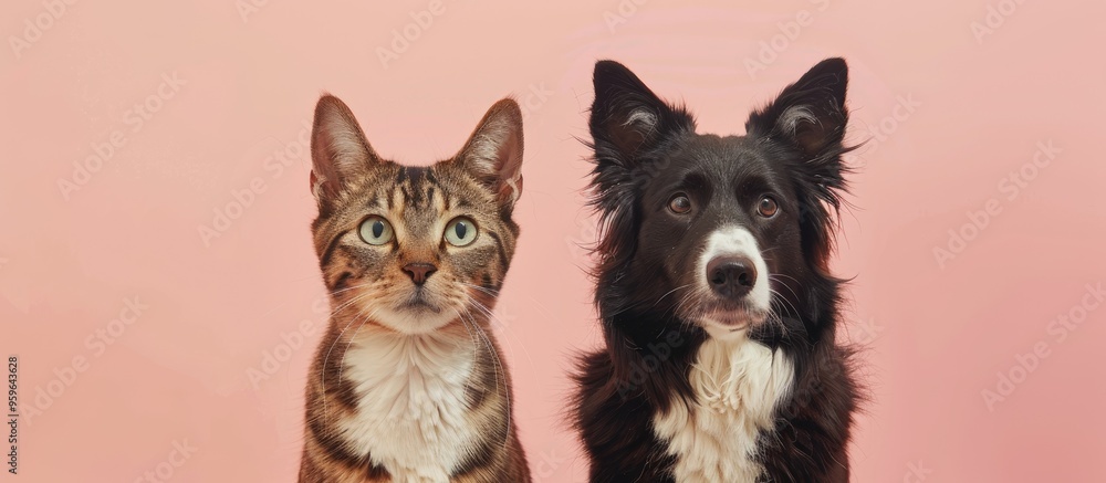 Poster portrait of a tabby cat and a border collie sheepdog gazing at the camera against a pastel pink back