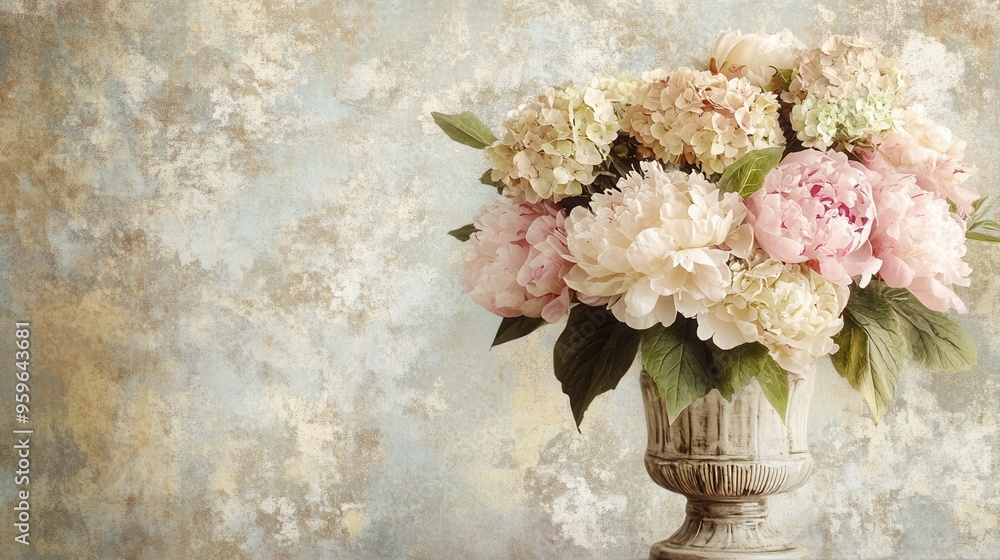 Poster A delicate bouquet featuring peonies and hydrangeas in muted pastel colors, elegantly arranged in a charming antique vase. Generative AI