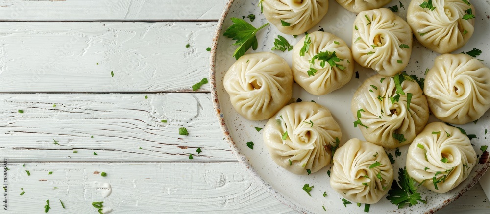 Poster close up view of tasty khinkali with cilantro on a plate on a white wooden table. copy space image. 