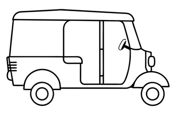 Auto Rickshaw line art drawing, Classic auto rickshaw outline vector
