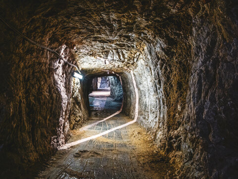 Inside access tunnel in Praid old salt mine underpass underground