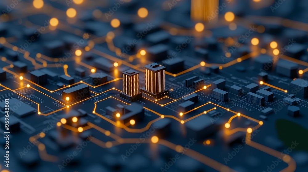 Aufkleber futuristic smart city network - connected buildings on circuit board with glowing lines and nodes.