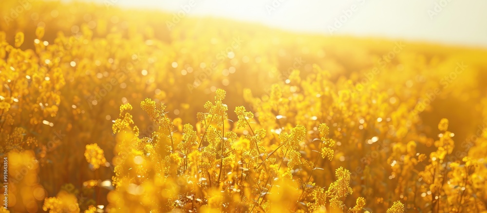 Poster Summer yellow soybean field. Copy space image. Place for adding text and design