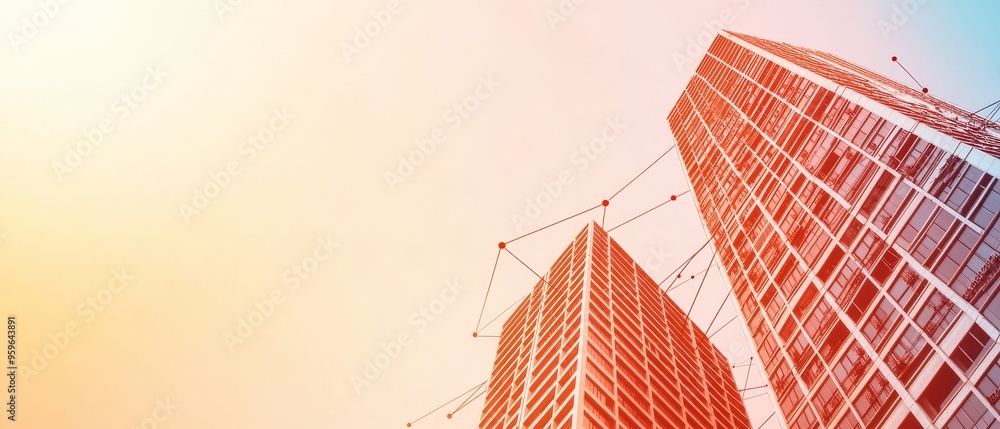 Poster modern architecture and digital connectivity high-rise buildings networked with light lines nodes ag