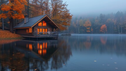Fototapeta premium A cabin sits on the shore of a lake, surrounded by trees