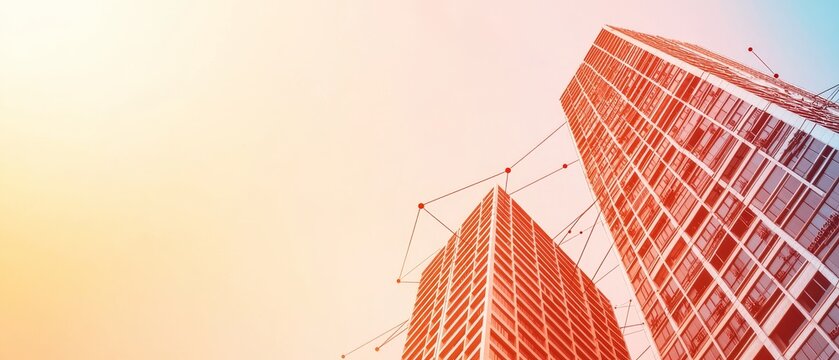 modern architecture and digital connectivity high-rise buildings networked with light lines nodes against a gradient sky.