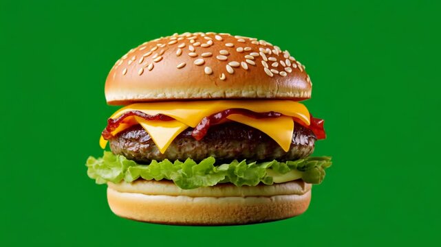 A delicious cheeseburger with bacon, lettuce, and sesame seed bun on a green background, perfect for summer BBQs, Fourth of July, and food advertisements