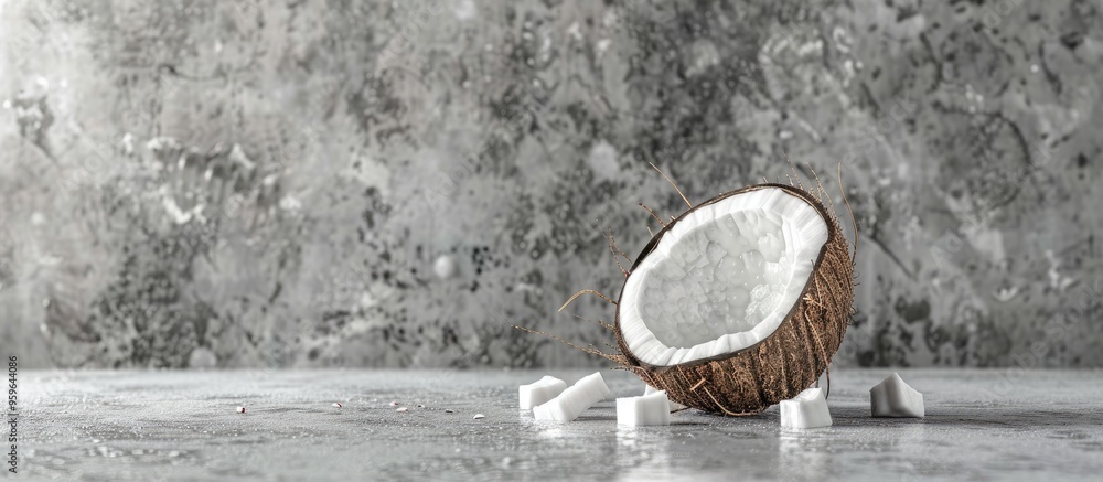 Poster close up and selective focus on a halved coconut against a concrete background with copy space