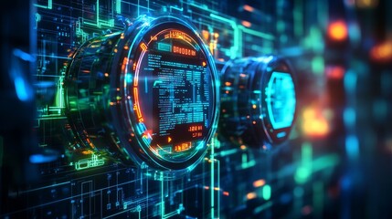 Obraz premium A futuristic water meter displaying real-time statistics, connected to a sleek rainwater harvesting system, glowing holographic interface, digital neon elements, Sci-Fi, vibrant blue and green.