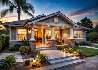 Cozy California bungalow with open floor plan, showcasing vaulted wooden beams, rustic stone fireplace, and warm, sun-kissed wood floors.