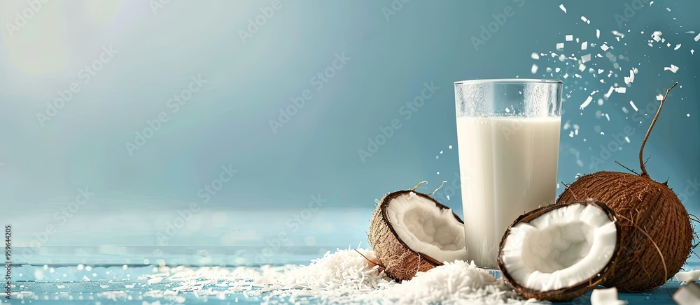 Aufkleber coconut milk in a glass container pure coconut. copy space image. place for adding text and design