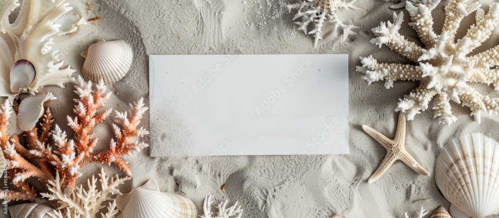 Poster close up view of coral seashells and a blank card on sand against a grey background. copy space imag
