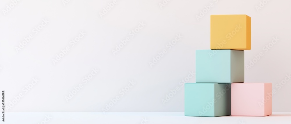 Poster minimalist 3d pastel color cubes with white background for text and branding