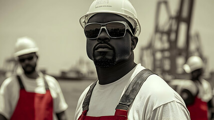 Workers in safety gear at a construction site, focused and determined.