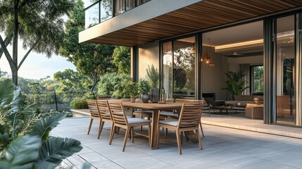 Fototapeta premium Modern Outdoor Patio with Wooden Furniture and Lush Greenery in a Contemporary Home Setting