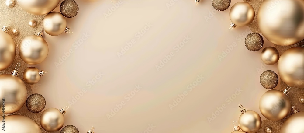 Poster golden christmas decoration ball within a circular frame of golden balls on a neutral beige backgrou