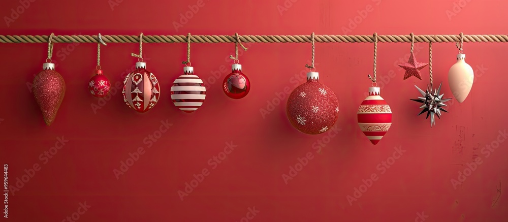 Poster christmas decorations hanging on a rope with a red background. copy space image. place for adding te