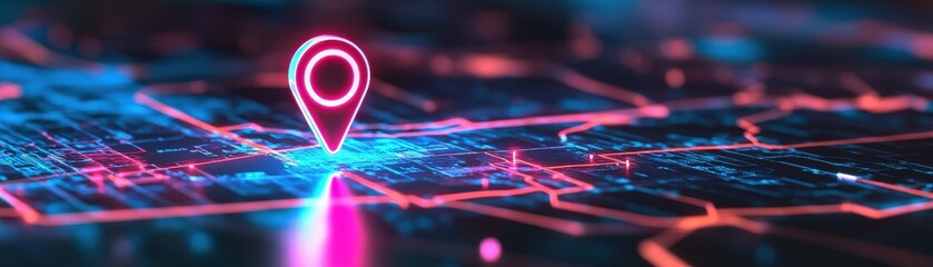 Neon Glowing Location Pin on Futuristic Digital Map - Concept of Navigation and Technology