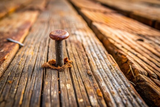 A photo image of a doornail lying on a worn wooden floor, with a faint scratch line running down its length and a small amount of rusty red soil stuck to its head.