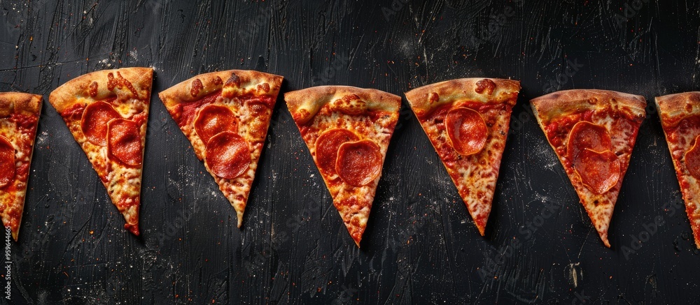 Aufkleber pizza slices arranged in a row on a worn dark black textured background with copyspace at the top