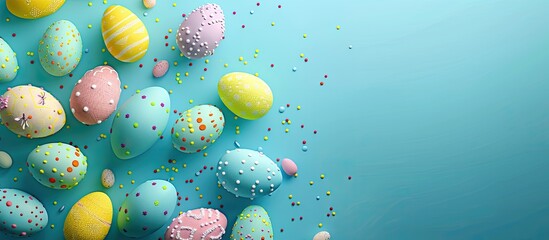 Easter greeting card featuring Easter eggs on a vibrant background Top view flat lay with copyspace Creative background for the Easter holiday