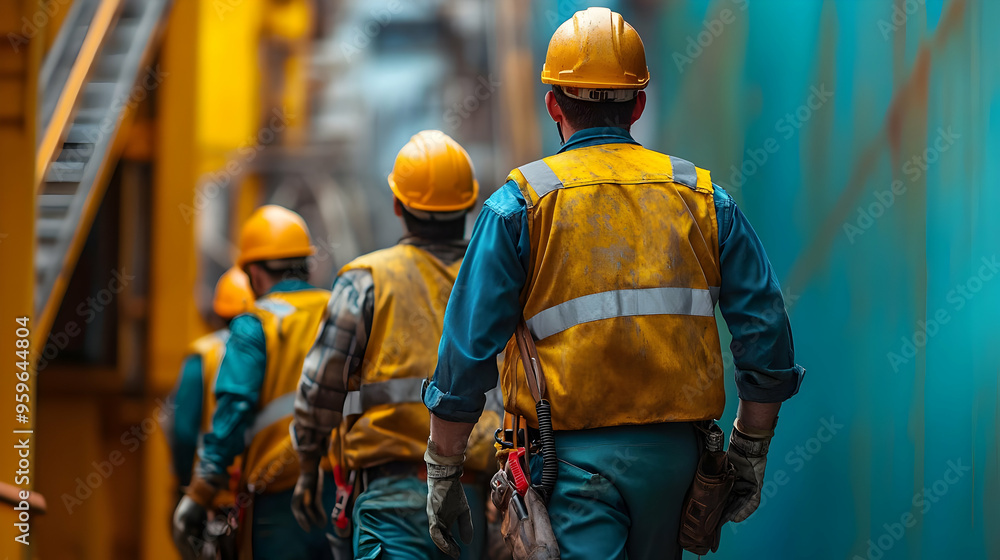 Poster Workers in safety gear walking towards a construction site.