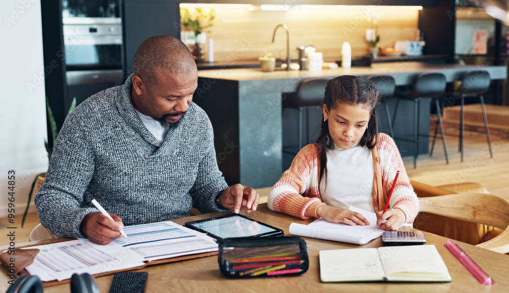 Poster writing, father and girl with homework, tablet and internet with typing, connection and website info