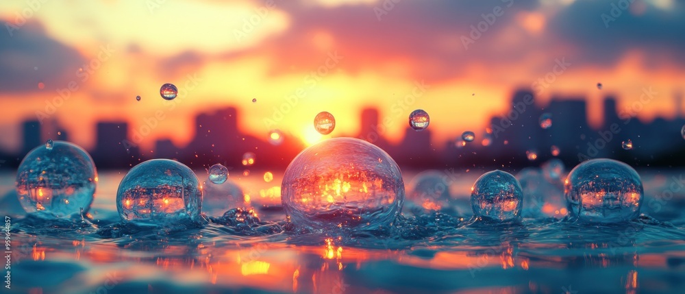 Wall mural Water Droplet Creating a Sphere with Sunset Reflection