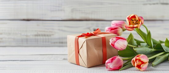 Colorful beautiful tulips and a gift box on a white wooden table Valentine s Day spring backdrop Floral mockup with copyspace Happy Mother s Day romantic still life fresh flowers