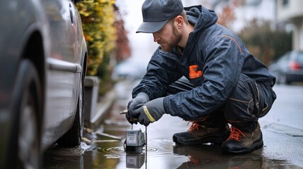 A malfunctioning water meter leaking water onto a wet floor, with a technician kneeling beside it, using tools to troubleshoot the issue. The background shows a suburban street