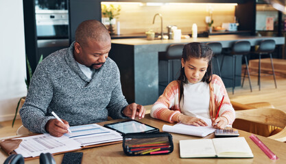 Writing, father and girl with homework, tablet and internet with typing, connection and website info. Family, dad and daughter with single parent, technology and help with education and support