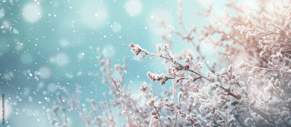 Poster winter season concept branches covered in white snow nature backdrop art filter applied. copy space 