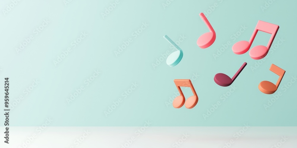 Poster abstract pastel music notes on soft blue background with white space for text - 3d minimalist design