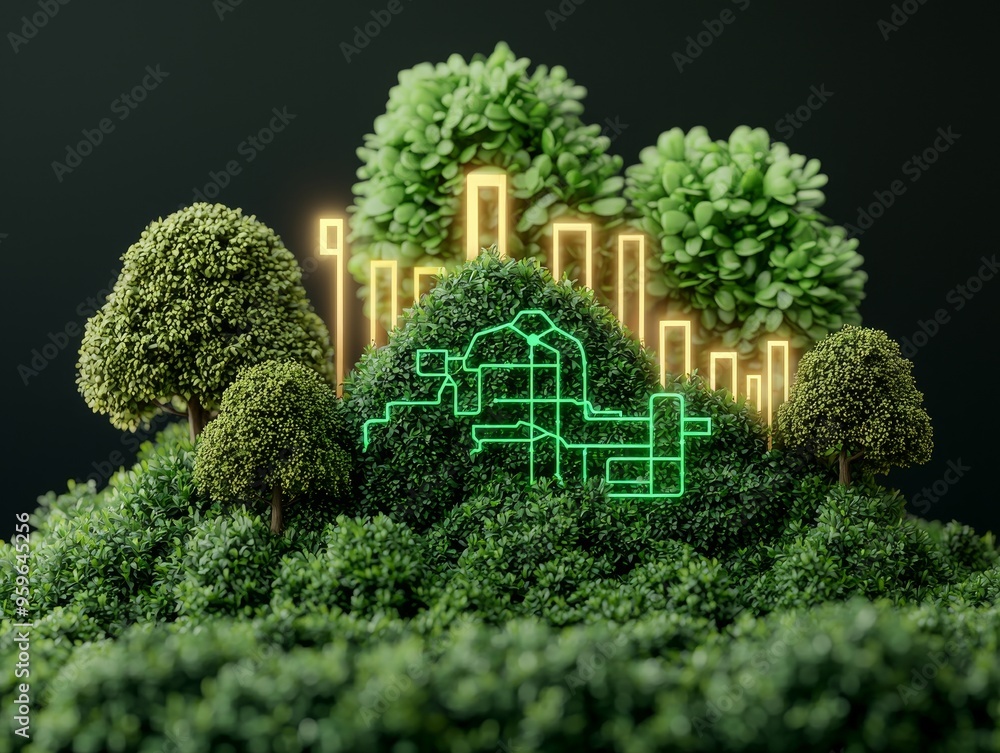 Poster 3d visualization of a green smart city with a futuristic transportation network and glowing data flo