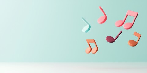 abstract pastel music notes on soft blue background with white space for text - 3d minimalist design.