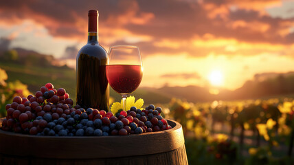 Vineyard sunset with wine and grapes