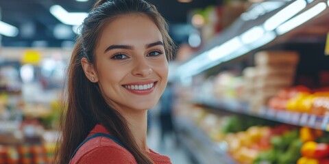 happy Empowered Female Supermarket Manager: Confident Portrait Embodying Cultural Diversity and Professional Freedom. Abstract Creative Pattern Highlighting Inclusive Leadership, Retail Success, and C
