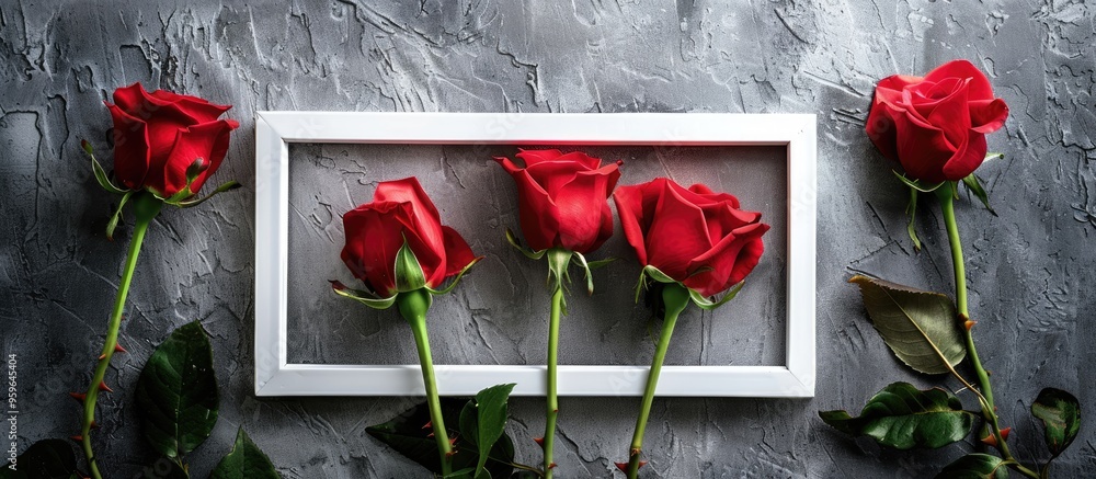 Poster roses within a white frame on a stone surface this serves as a background for valentine s day and lo