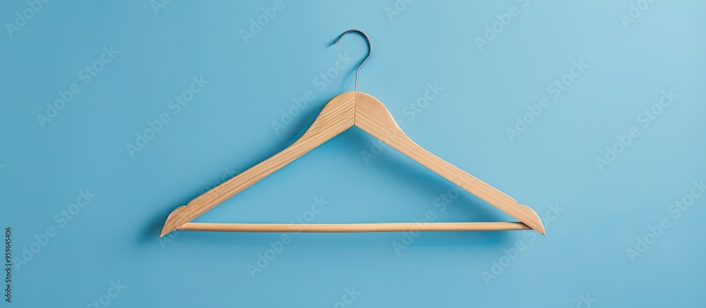 Poster one wooden hanger on a light blue background viewed from above room for text. copy space image. plac