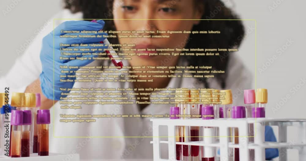 Poster analyzing blood samples, scientist with text animation over laboratory scene