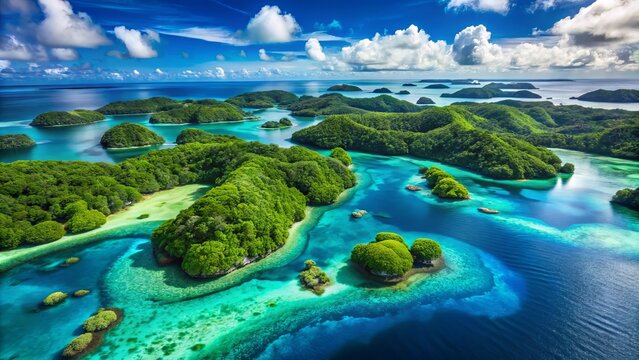 A photo image of a vibrant, hand-drawn map of Palau, featuring turquoise waters, lush green islands, and rich coral reefs.