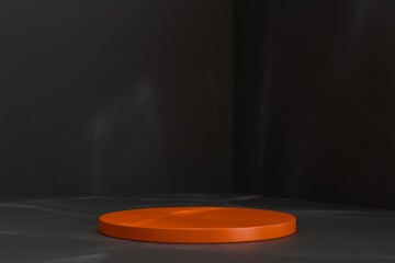 3D realistic black and orange podium product display on black wall background. Perfect for Halloween themed products. 3d Illustration