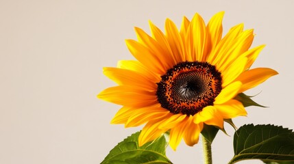 Fototapeta premium A radiant sunflower in full bloom, with bold yellow petals and a rich dark center, isolated on a crisp white background, Realism, High-Resolution Photography.