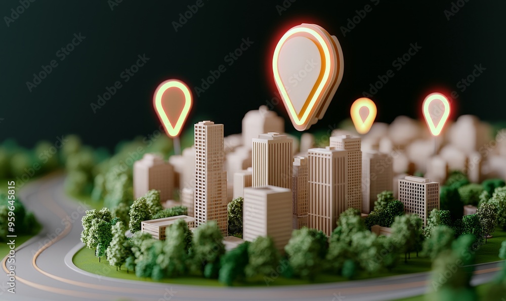 Aufkleber 3d visualization of a smart city with illuminated location markers and green spaces, highlighting ur