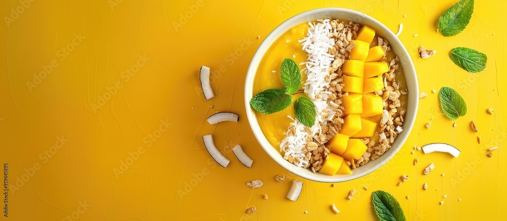 Wall mural Tropical mango and coconut smoothie bowl bright background copyspace