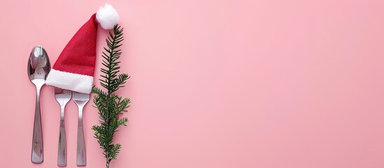 Christmas festive table arrangement Fir branches and cutlery placed in a Santa hat on a pink background. Copy space image. Place for adding text and design